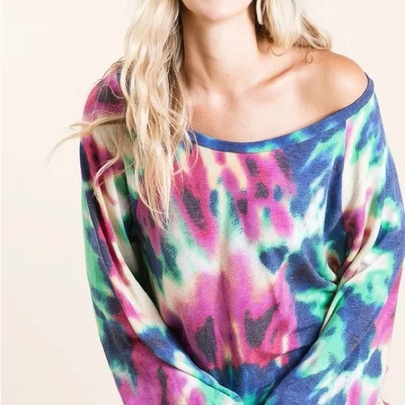 BiBi Tie Dye Print Terry Top with Puff Sleeves - Picture 4 of 10